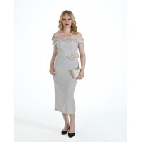 Yakası Organize Güllü Krep Abiye Elbise - Bej