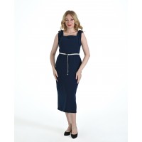 Omzu Kuşaklı Taşlı Kemerli Krep Abiye Elbise - Lacivert