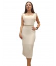 Omzu Kuşaklı Taşlı Kemerli Krep Abiye Elbise - Krem