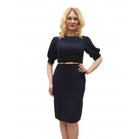 Kayık Yaka Kolu Büzgülü Kemerli Abiye Elbise - Lacivert