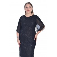 6493 01 Brode Dantel Pullu Kolları Yırtmaçlı Sade Modern Genç Büyük Beden Abiye Elbise - Siyah
