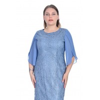 6493 87 Brode Dantel Pullu Kolları Yırtmaçlı Sade Modern Genç Büyük Beden Abiye Elbise - İndigo